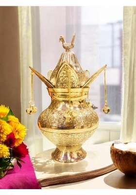 Blissful Decor Gold Presents Pure Brass Pooja Kalash Soma Kalasha Lota with Leaves Poojan Home