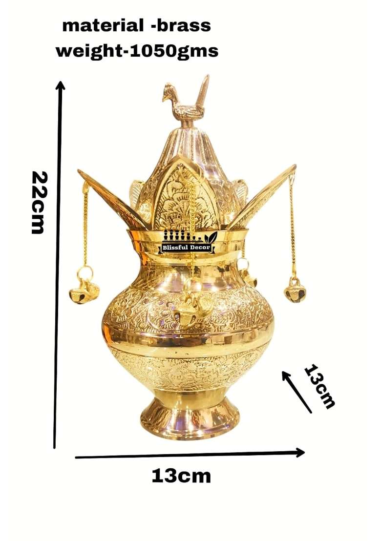 Blissful Decor Gold Presents Pure Brass Pooja Kalash Soma Kalasha Lota with Leaves Poojan Home - Indya