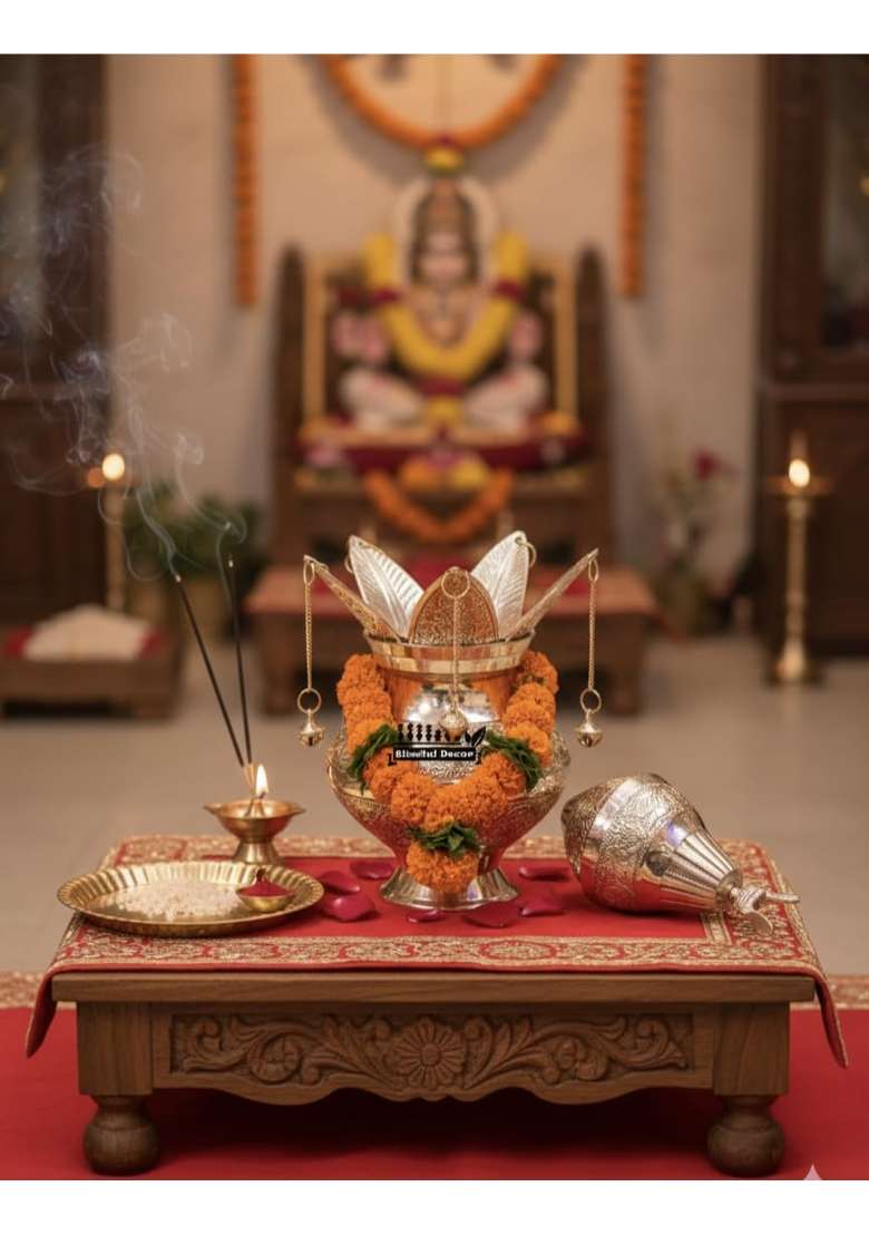 Blissful Decor Gold Presents Pure Brass Pooja Kalash Soma Kalasha Lota with Leaves Poojan Home - Indya