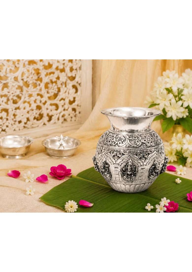 German Silver Ashta Lakshmi Kalash Antique Pooja Lota Diwali Decor - Indya