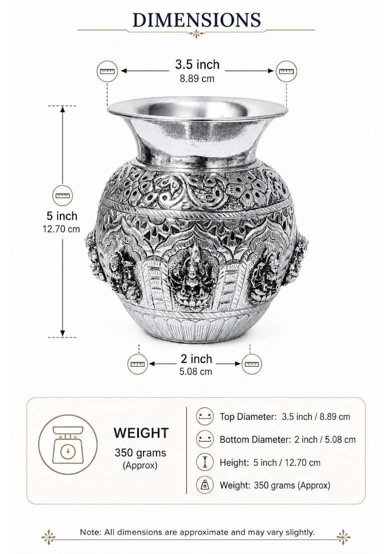 German Silver Ashta Lakshmi Kalash Antique Pooja Lota Diwali Decor - Indya