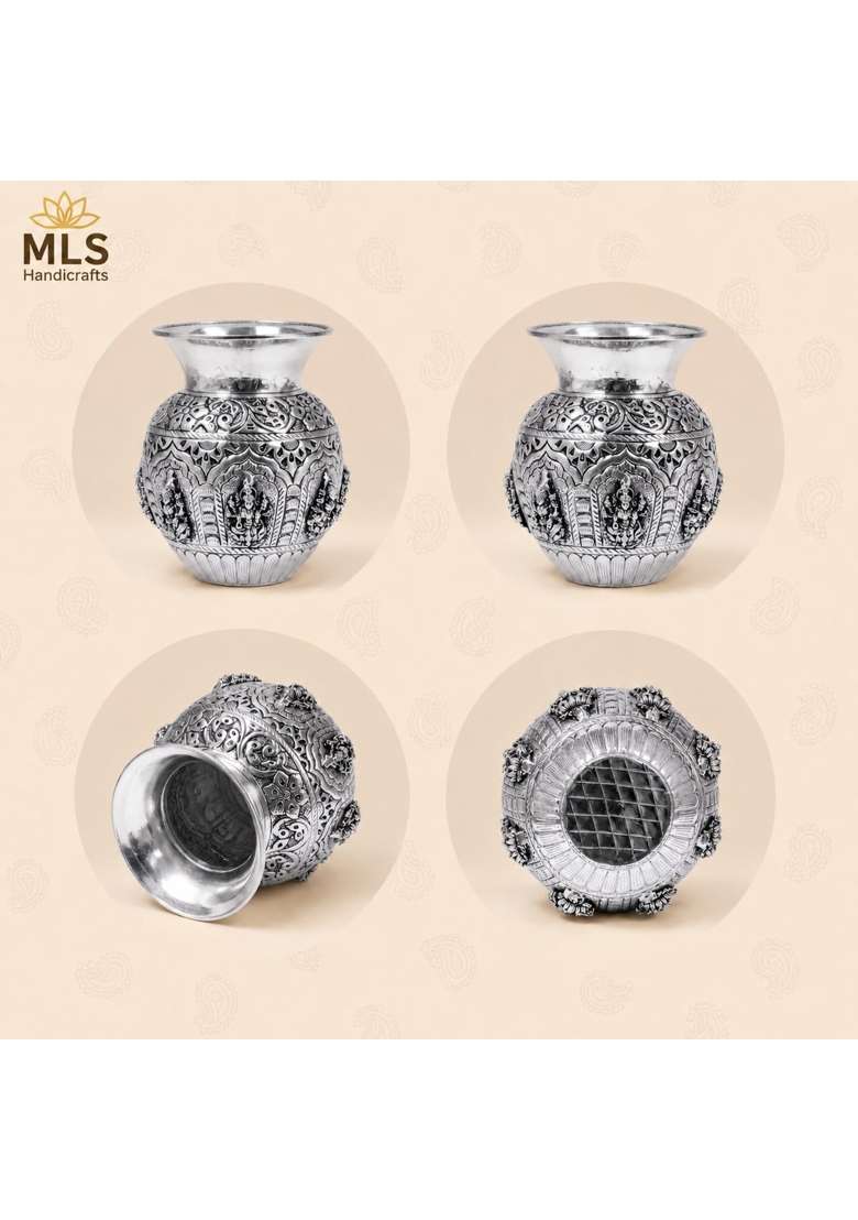 German Silver Ashta Lakshmi Kalash Antique Pooja Lota Diwali Decor - Indya