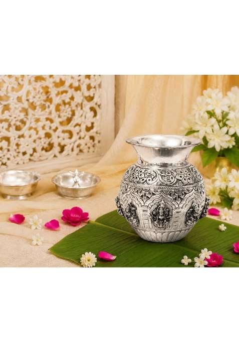 German Silver Ashta Lakshmi Kalash Antique Pooja Lota Diwali Decor