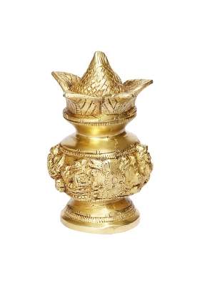 Artvarko Gold Brass Laxmi Ganesh Kalash with Coconut Lakshmi Ganesha Kalash Manglam Nariyal Leaf Puja Temple