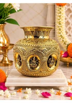 Golden Big Ashta Lakshmi Brass Kalash for Pooja and Mandir Decoration