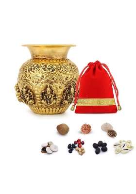 Vedic Vaani Gold Ashtalakshmi Brass Kalash for Pooja 4 and Half Inch Antique Finish Laxmi Kalash Pot