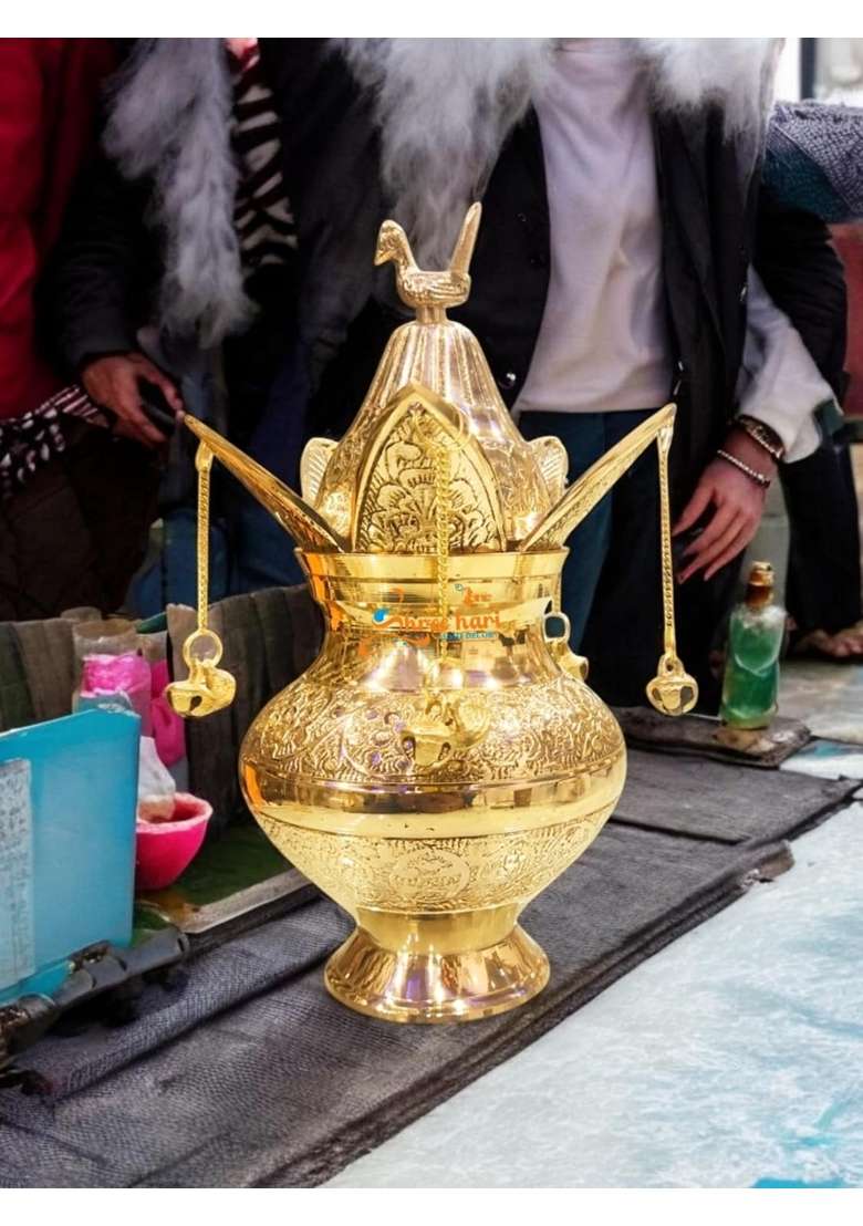 Shree HARI Home Decor Gold Pure Brass Pooja Kalash Soma Kalasha Lota with Leaves Poojan Home - Indya