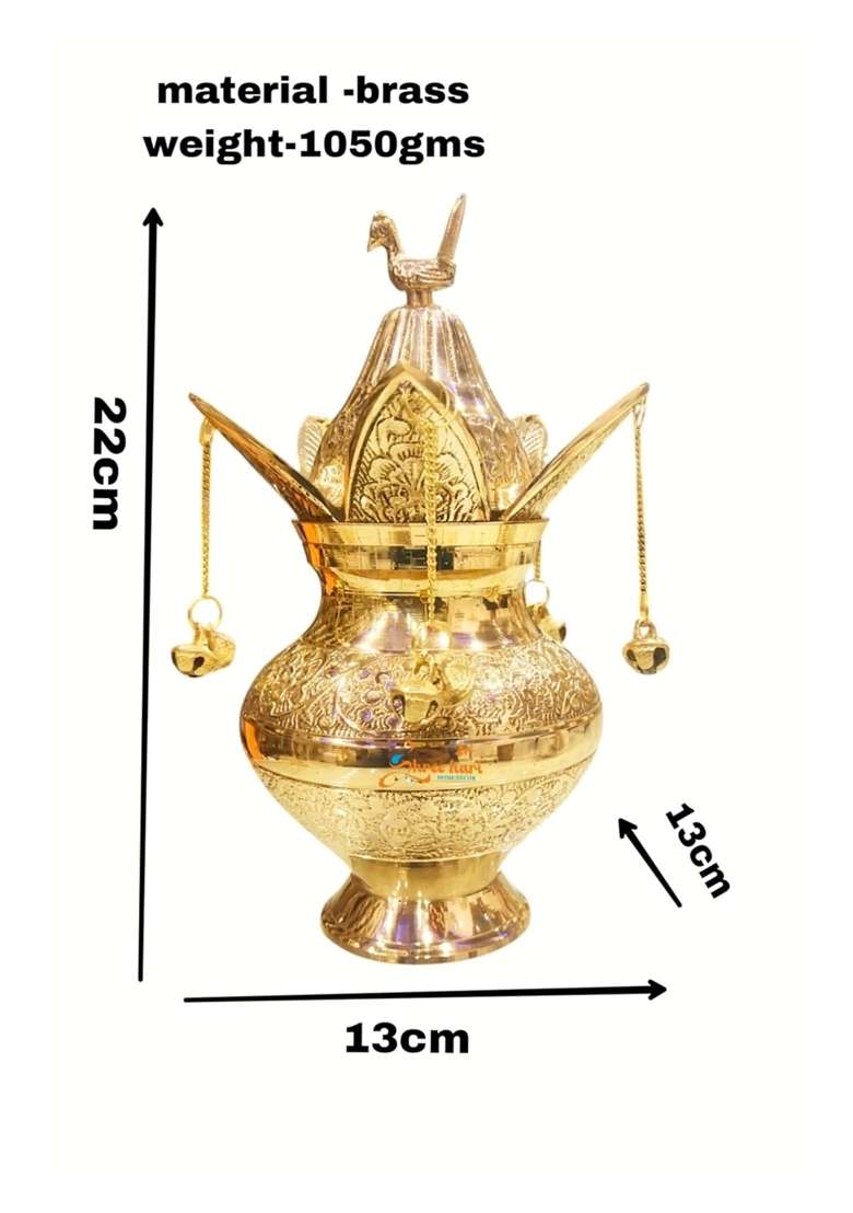 Shree HARI Home Decor Gold Pure Brass Pooja Kalash Soma Kalasha Lota with Leaves Poojan Home - Indya