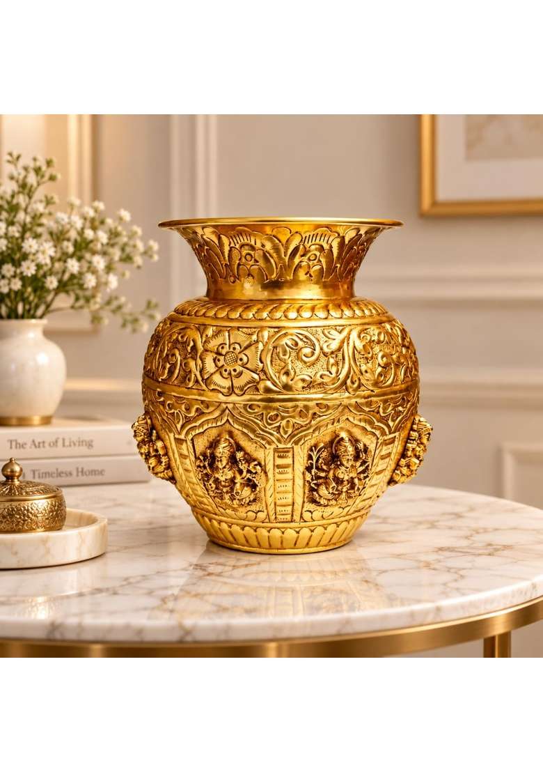 Ashopi Decor Yellow Premium Brass Ashtalakshmi Puja Kalash 6 Inch Engraved Brass Kalash for Pooja Diwali - Indya