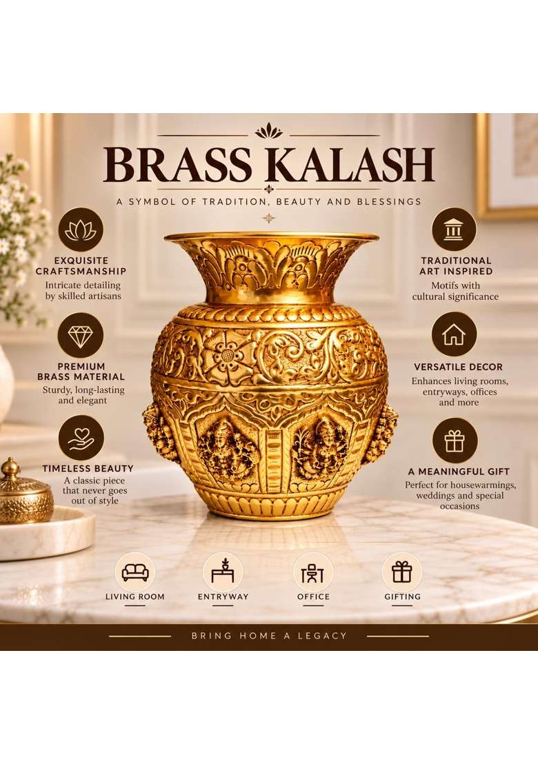 Ashopi Decor Yellow Premium Brass Ashtalakshmi Puja Kalash 6 Inch Engraved Brass Kalash for Pooja Diwali - Indya