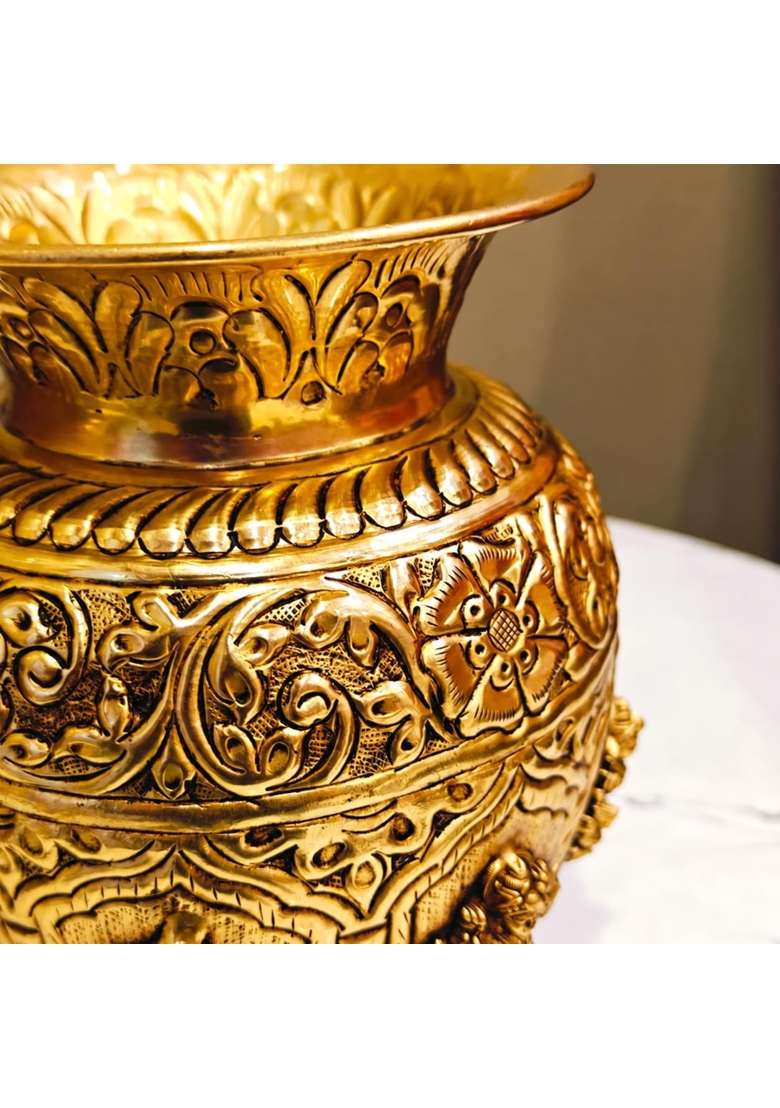 Ashopi Decor Yellow Premium Brass Ashtalakshmi Puja Kalash 6 Inch Engraved Brass Kalash for Pooja Diwali - Indya