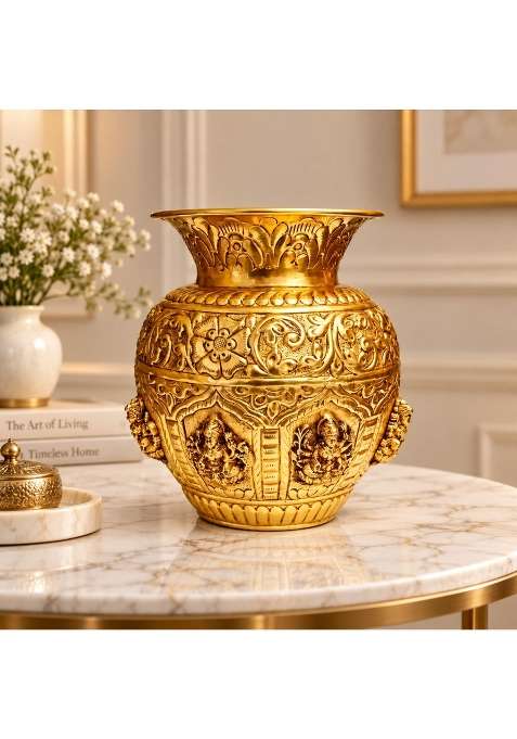 Ashopi Decor Yellow Premium Brass Ashtalakshmi Puja Kalash 6 Inch Engraved Brass Kalash for Pooja Diwali