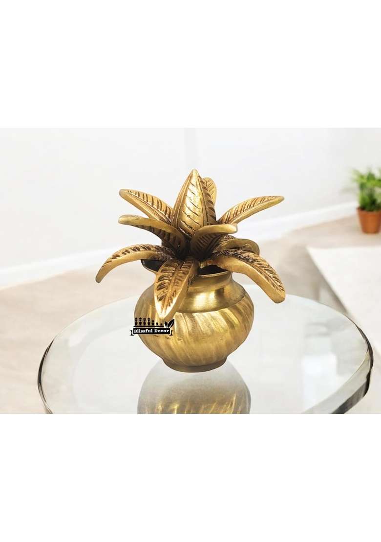 Blissful Decor Pooja Kalash Soma Kalasha Lota with Leaves and Coconut Poojan Home Temple Gift 700 GMS - Indya
