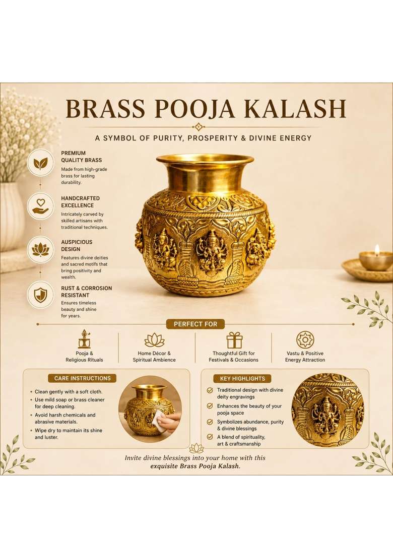 Ashopi Decor Yellow Brass Ashtalakshmi Kalash Traditional Hindu Puja Kalash for Home Temple and Mandir - Indya