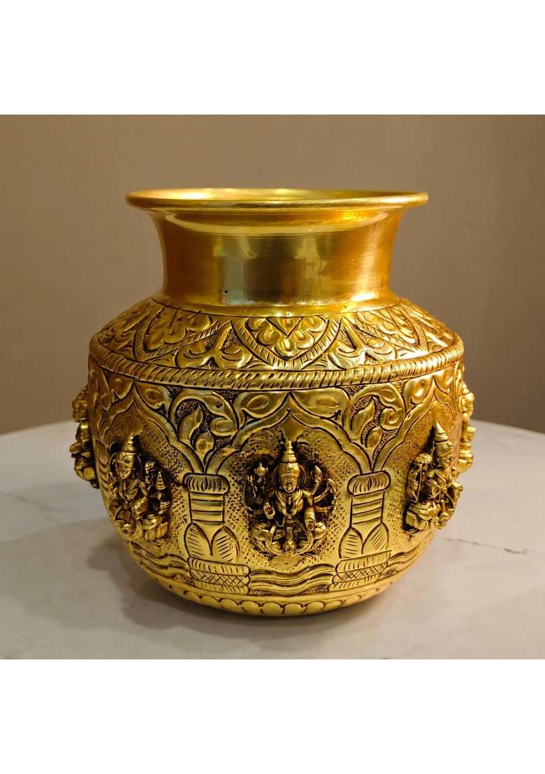 Ashopi Decor Yellow Brass Ashtalakshmi Kalash Traditional Hindu Puja Kalash for Home Temple and Mandir - Indya