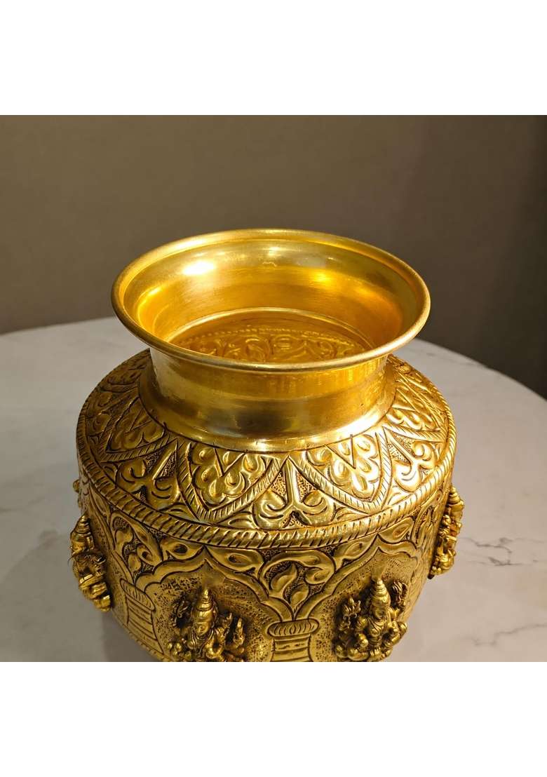 Ashopi Decor Yellow Brass Ashtalakshmi Kalash Traditional Hindu Puja Kalash for Home Temple and Mandir - Indya