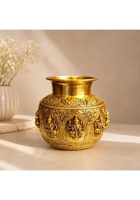 Ashopi Decor Yellow Brass Ashtalakshmi Kalash Traditional Hindu Puja Kalash for Home Temple and Mandir