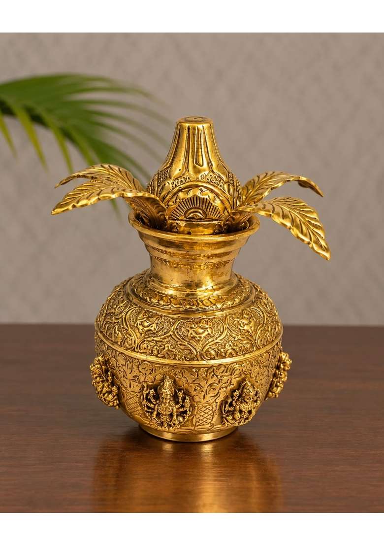 Golden Ashta Lakshmi Brass Kalash for Pooja Lakshmi Pooja Kalash - Indya