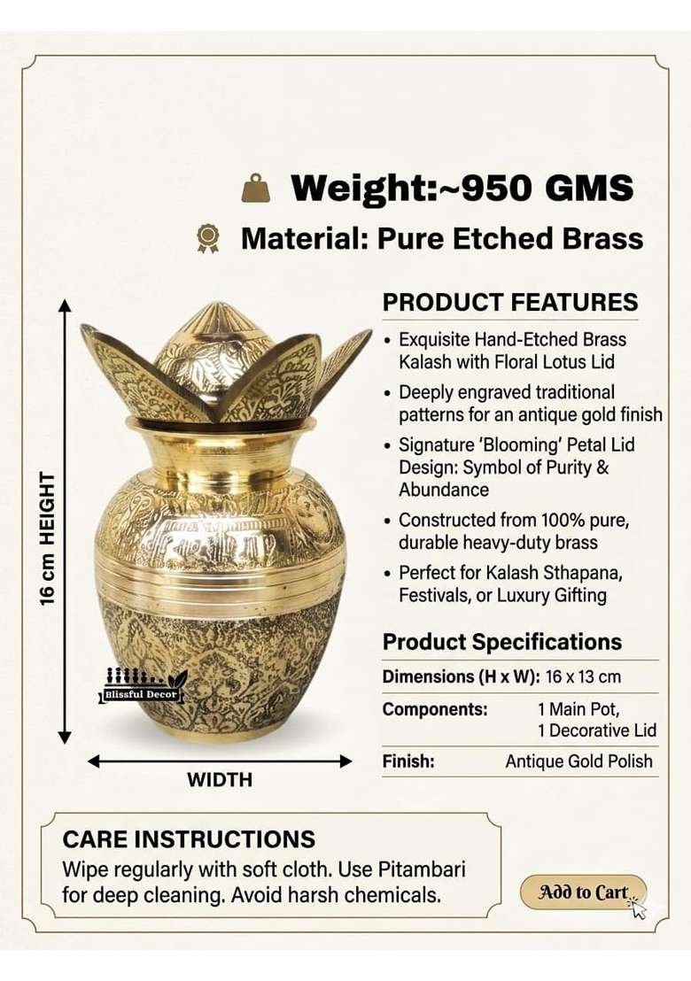 Blissful Decor Gold Presents Pure Brass Pooja Kalash Soma Kalasha Lota with Leaves Poojan Home - Indya
