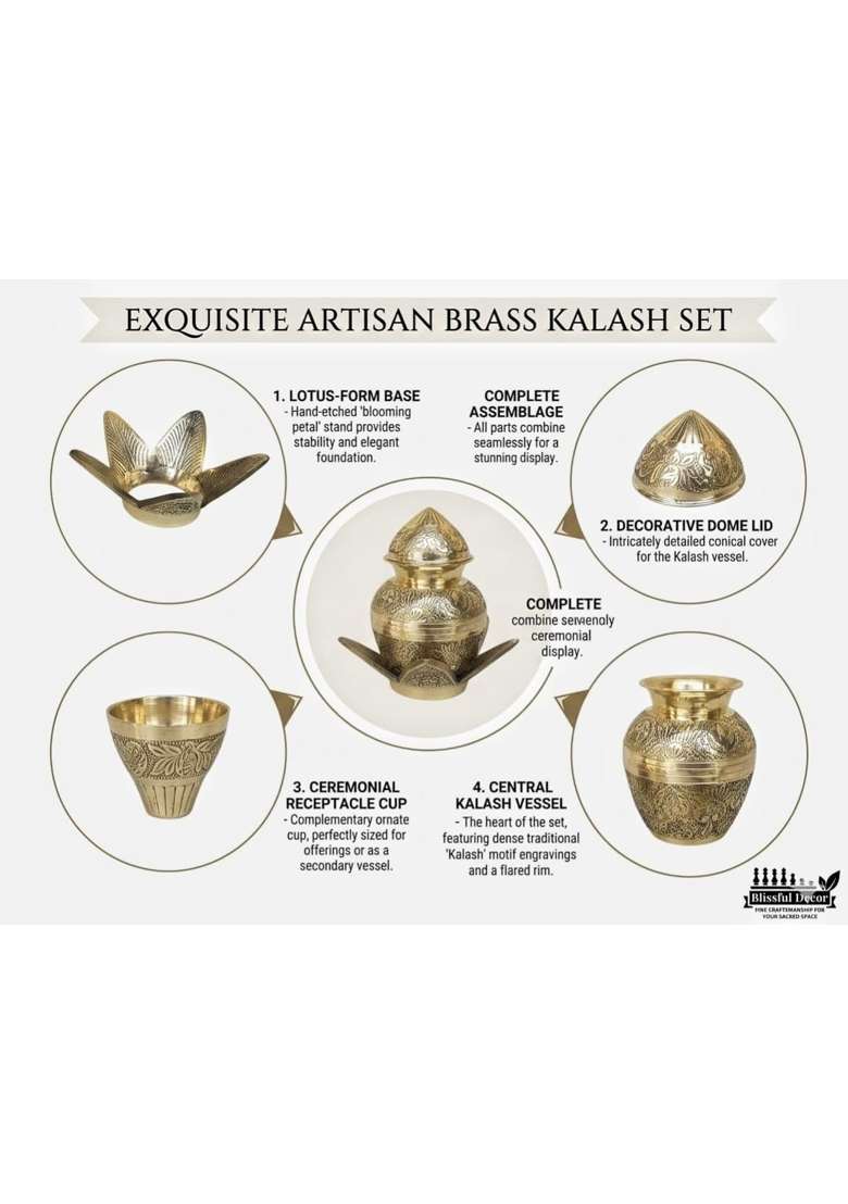 Blissful Decor Gold Presents Pure Brass Pooja Kalash Soma Kalasha Lota with Leaves Poojan Home - Indya