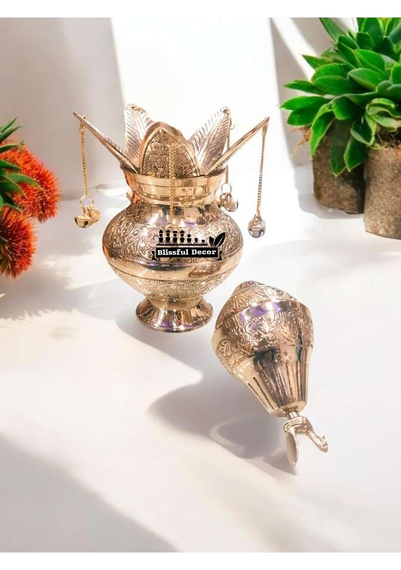 Shree HARI Home Decor Gold Presents Pure Brass Pooja Kalash Soma Kalasha Lota with Leaves Poojan Home - Indya