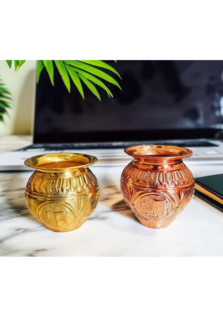 Pital Craft Vatika Pure Premium Brass Embosed Om Swastik Design Lota Kalash Set of 2 - Indya