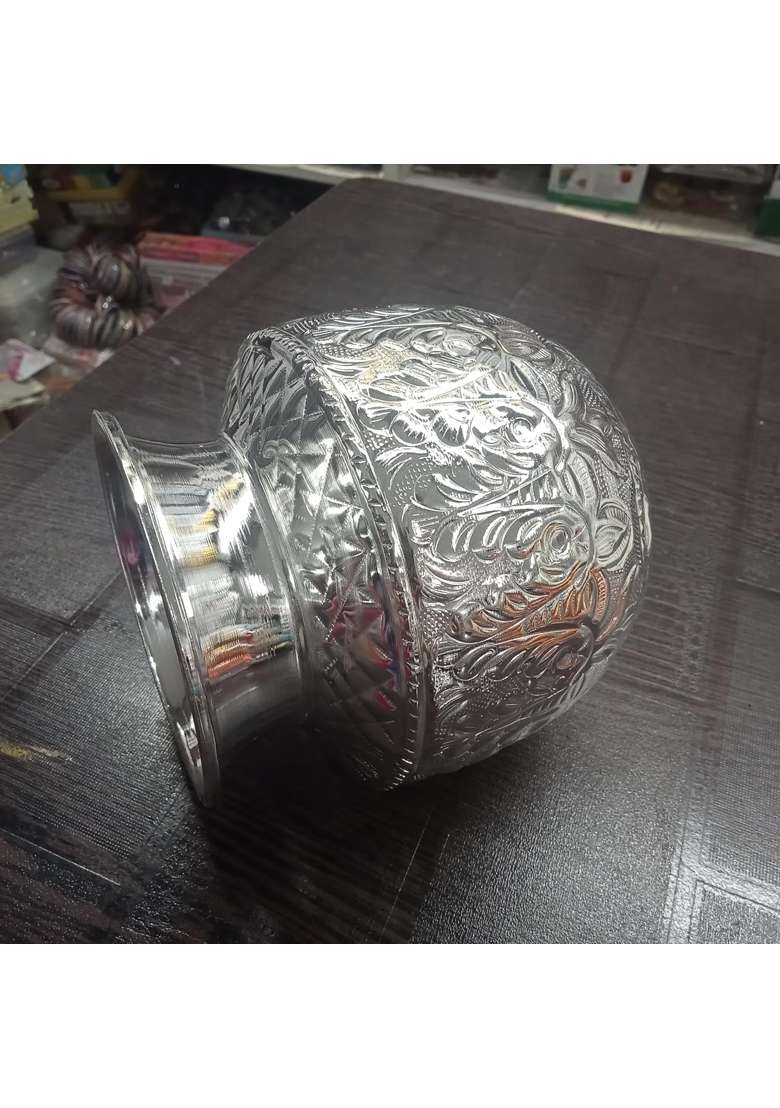 Pure German Silver Coated Design Bindi Kagu for Pooja Kalash Chambu Lota Brass Chandi Large Set of 1 - Indya