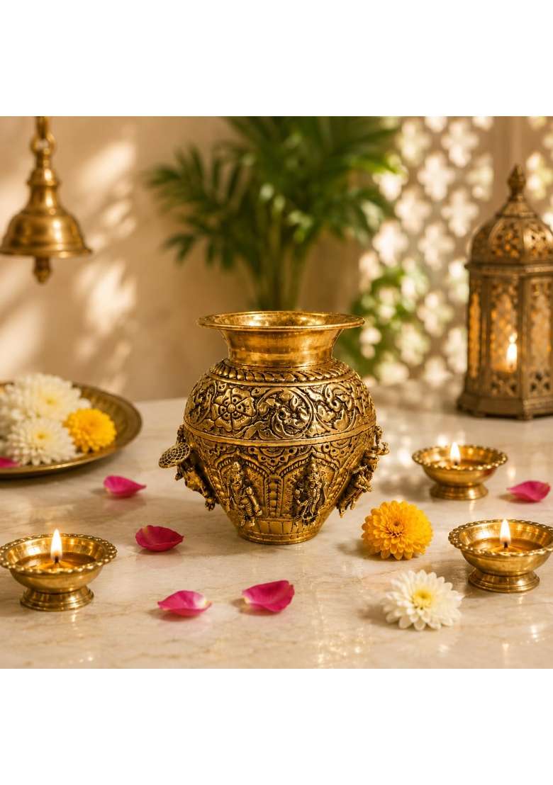 Ashopi Decor Premium Brass Dashavatar Kalash Hindu Religious Puja Vessel for Temple Decor and Auspicious - Indya