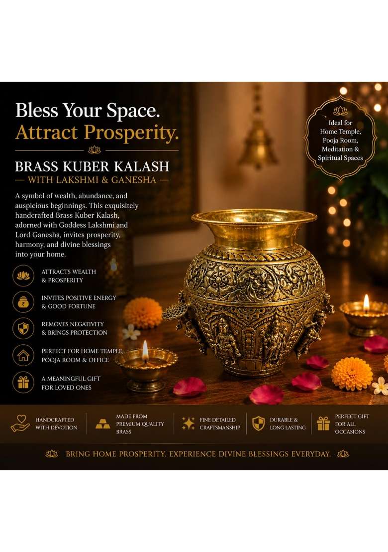 Ashopi Decor Premium Brass Dashavatar Kalash Hindu Religious Puja Vessel for Temple Decor and Auspicious - Indya