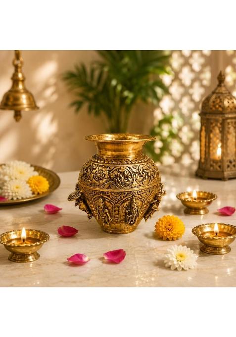 Ashopi Decor Premium Brass Dashavatar Kalash Hindu Religious Puja Vessel for Temple Decor and Auspicious
