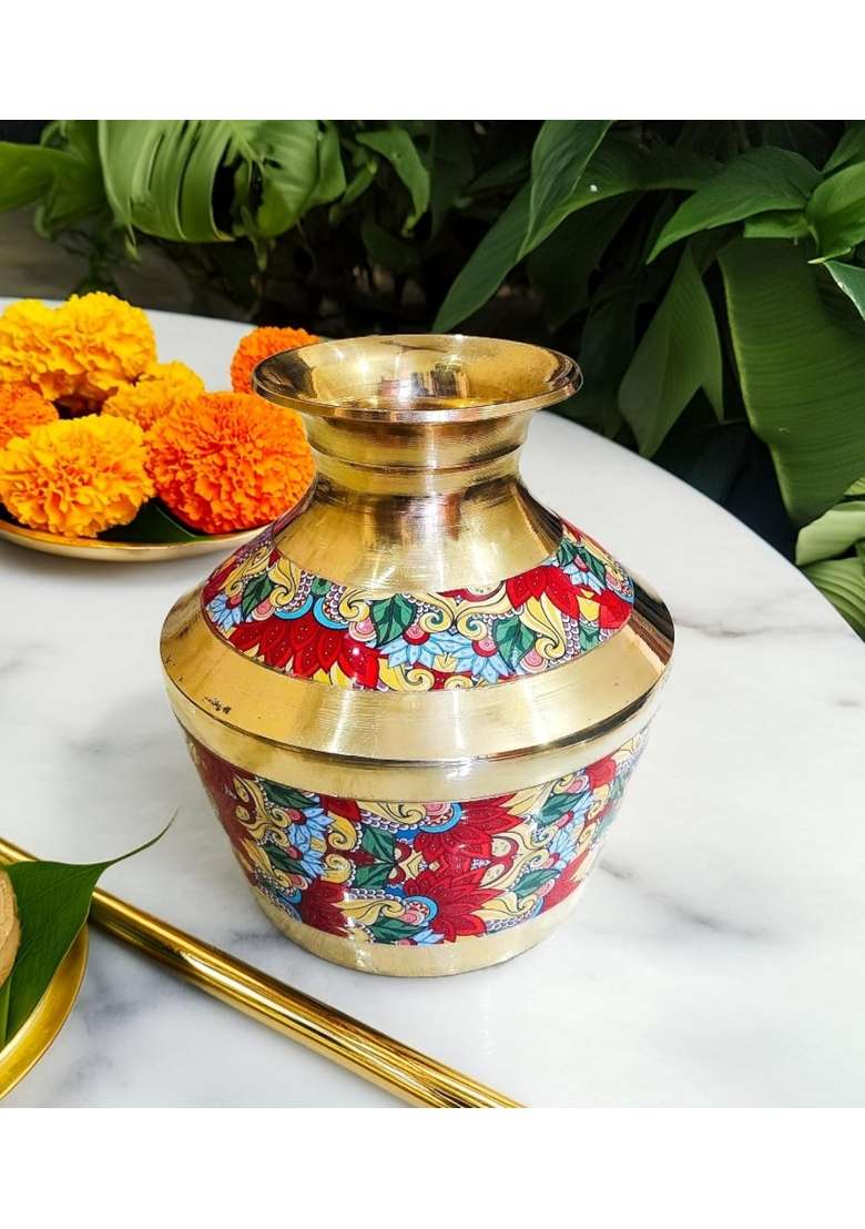 Pital Nagri Ecraft Decorative Round Colorful Brass Kalash for Pooja Handmade Meenakari Design Set of 1 - Indya