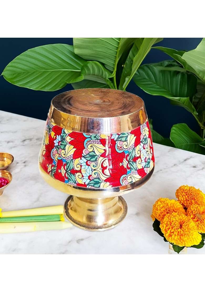 Pital Nagri Ecraft Decorative Round Colorful Brass Kalash for Pooja Handmade Meenakari Design Set of 1 - Indya