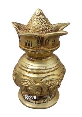 IYI Merchant Brass Golden Kalash Riddhi Siddhi Crafted Kalasha Decorative Nariyal Kalash for Vastu Remedy Home