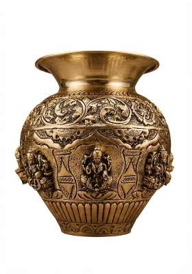 Ashtalakshmi Brass Kalash 6 Inch Handcrafted Antique Yellow Finish Traditional Pooja Vessel for Home Temple