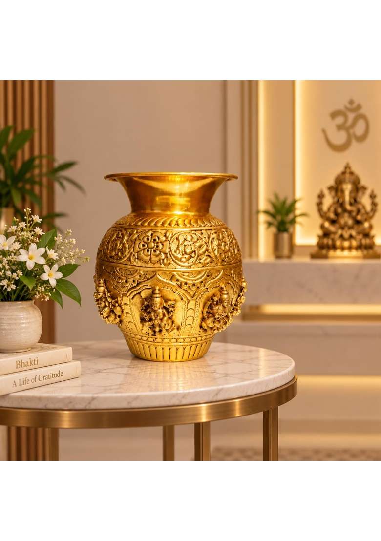 Ashopi Decor Yellow Brass Ashtalakshmi Kalash for Puja 8 Lakshmi Devi Engraved Pooja Kalash - Indya