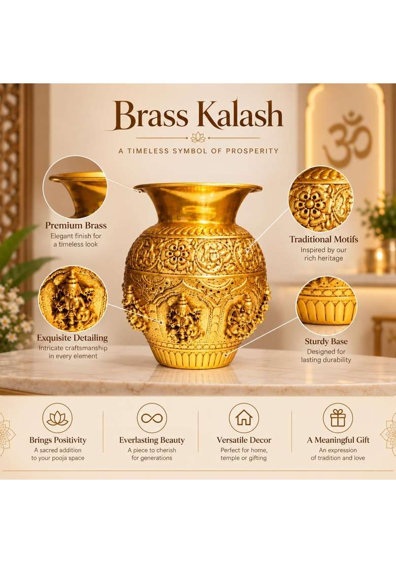 Ashopi Decor Yellow Brass Ashtalakshmi Kalash for Puja 8 Lakshmi Devi Engraved Pooja Kalash - Indya