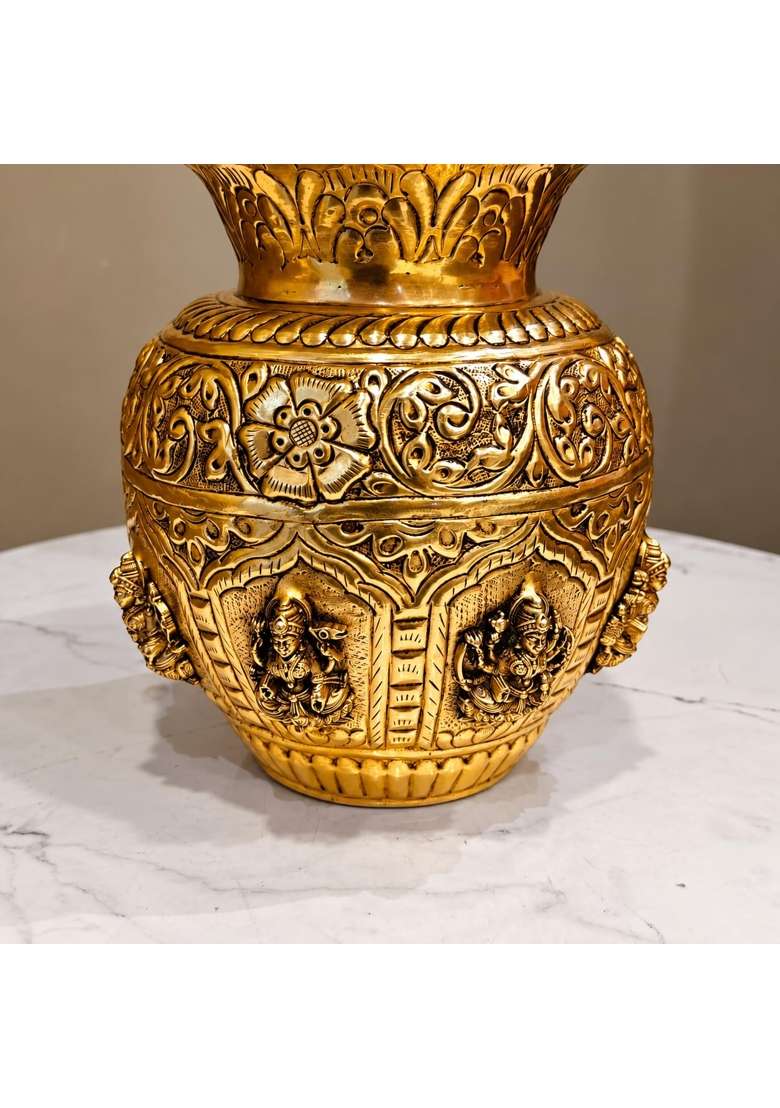 Ashopi Decor Yellow Brass Ashtalakshmi Kalash for Puja 8 Lakshmi Devi Engraved Pooja Kalash - Indya