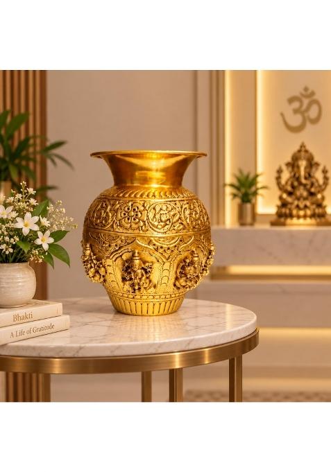 Ashopi Decor Yellow Brass Ashtalakshmi Kalash for Puja 8 Lakshmi Devi Engraved Pooja Kalash