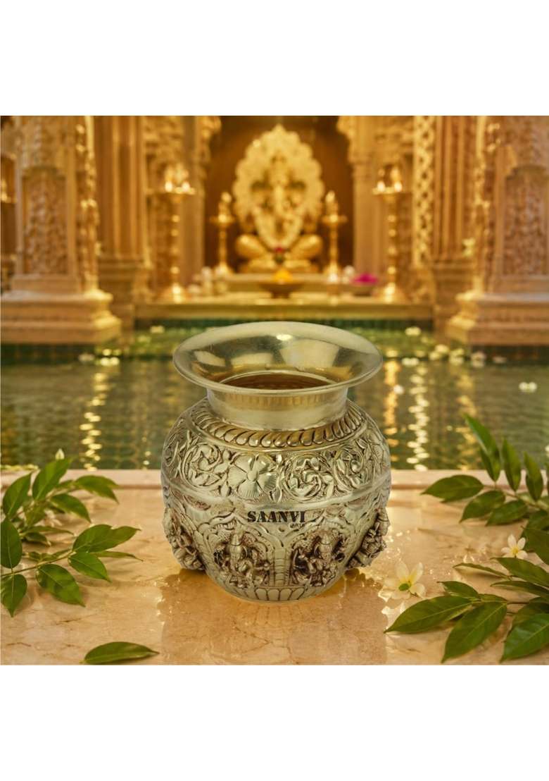Saanvi Arts Brass Kalash with Goddess Lakshmi Design Handcrafted Traditional Pooja Kalash for Home Temple - Indya