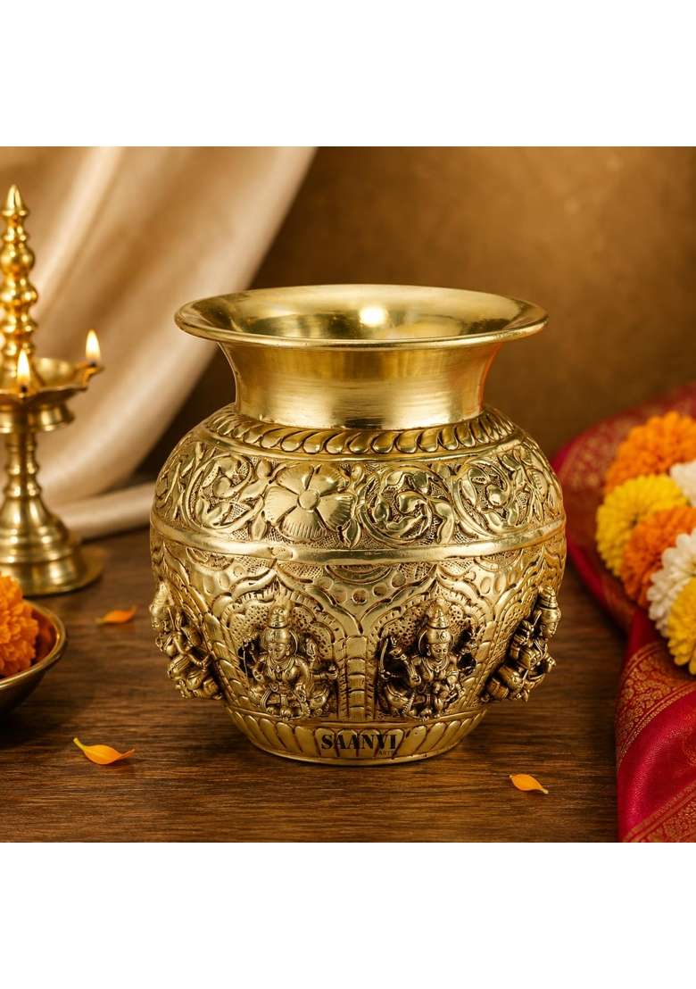 Saanvi Arts Brass Kalash with Goddess Lakshmi Design Handcrafted Traditional Pooja Kalash for Home Temple - Indya