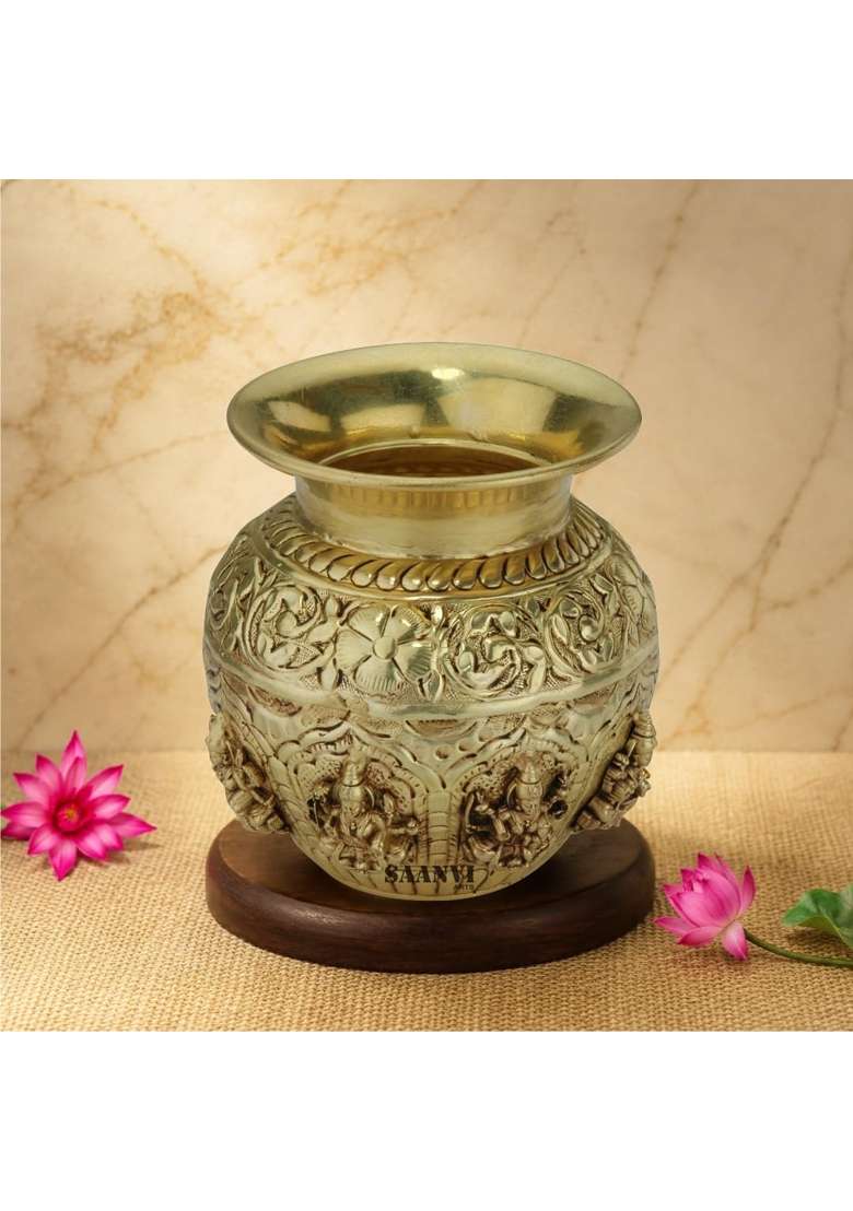 Saanvi Arts Brass Kalash with Goddess Lakshmi Design Handcrafted Traditional Pooja Kalash for Home Temple - Indya