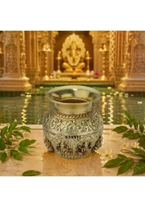 Saanvi Arts Brass Kalash with Goddess Lakshmi Design Handcrafted Traditional Pooja Kalash for Home Temple