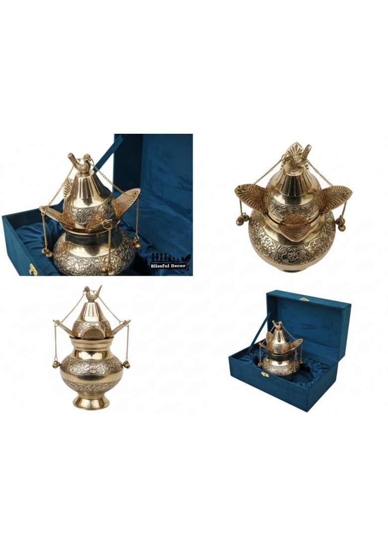 Blissful Decor Gold Presents Pure Brass Pooja Kalash Soma Kalasha Lota with Leaves Poojan Home - Indya