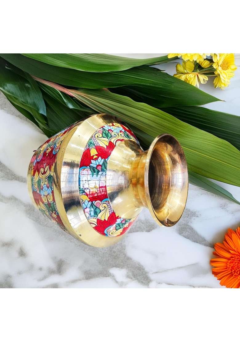Pital Craft Vatika Decorative Round Colorful Brass Kalash for Pooja Handmade Meenakari Design Set of 1 - Indya