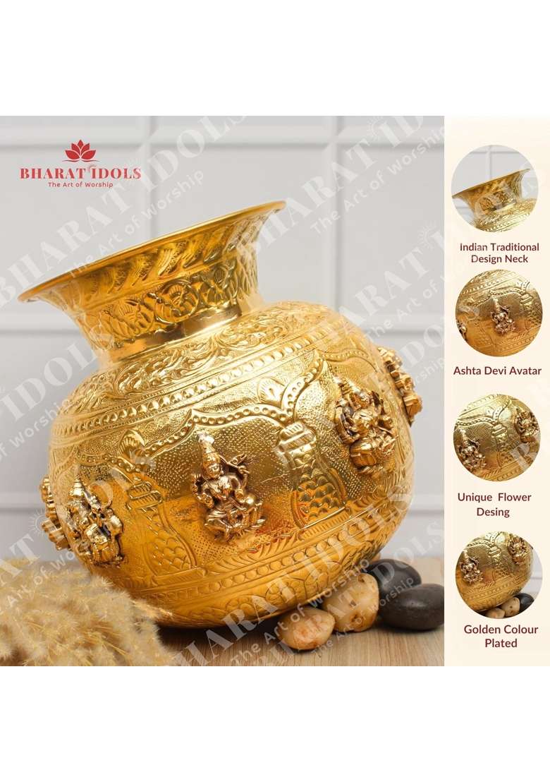 Bharat Idols 100 Percent Brass Ashta Lakshmi Amrit Kalash Premium Brass Puja Kalash with Ashta Devi Avatars - Indya
