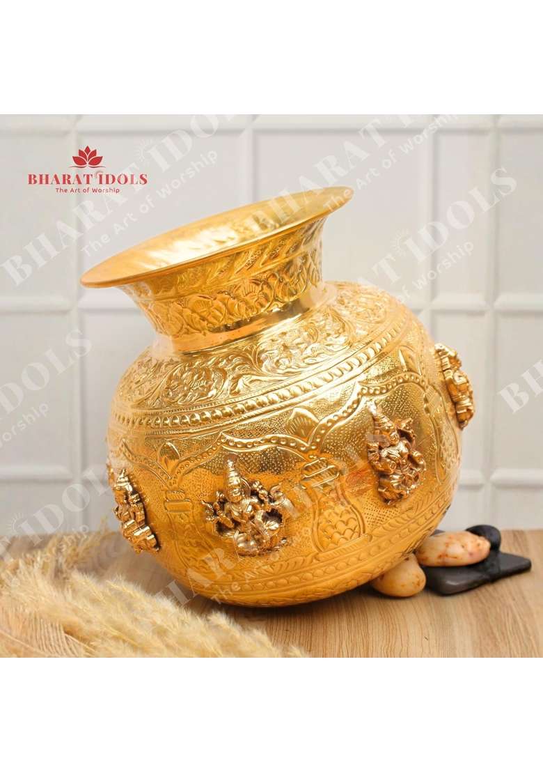 Bharat Idols 100 Percent Brass Ashta Lakshmi Amrit Kalash Premium Brass Puja Kalash with Ashta Devi Avatars - Indya