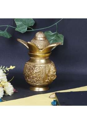 Artvarko Gold Brass Laxmi Ganesha Carving Mangal Kalash with Coconut and Leafs for Gift Pooja Temple and Home