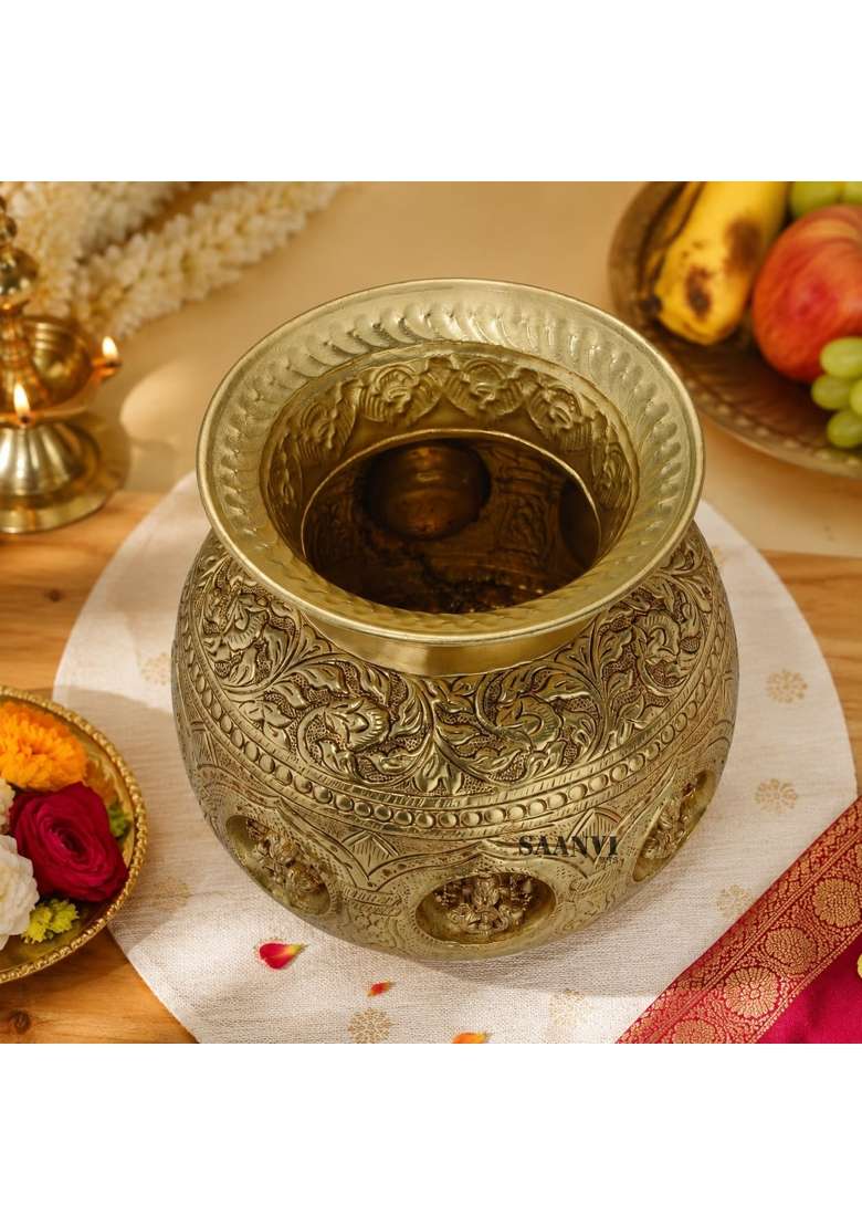Saanvi Arts Brass Kalash with Goddess Lakshmi Design Traditional Pooja Kalash for Home Temple Diwali - Indya