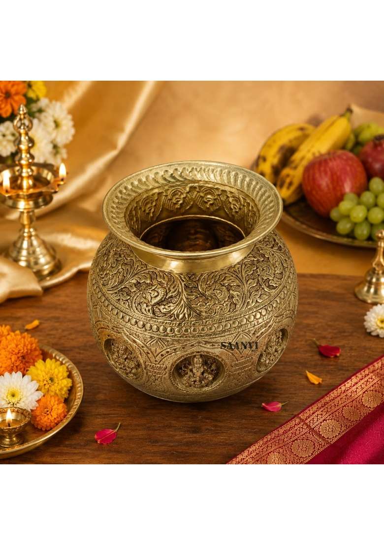 Saanvi Arts Brass Kalash with Goddess Lakshmi Design Traditional Pooja Kalash for Home Temple Diwali - Indya