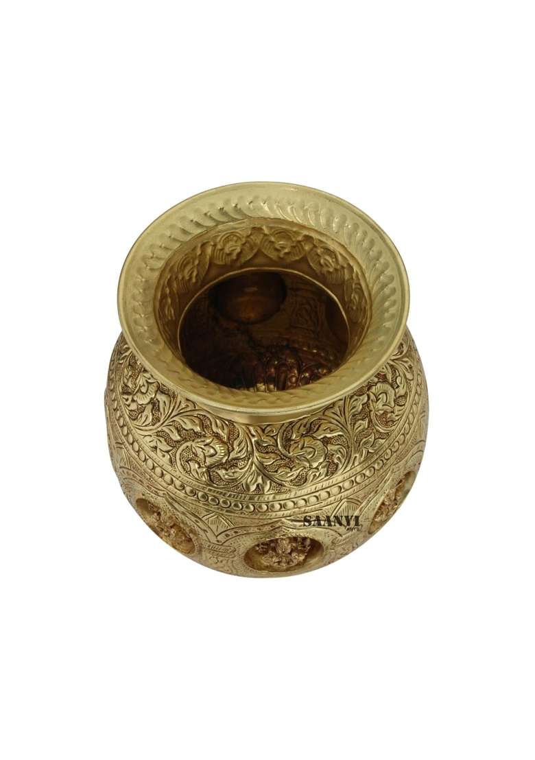 Saanvi Arts Brass Kalash with Goddess Lakshmi Design Traditional Pooja Kalash for Home Temple Diwali - Indya